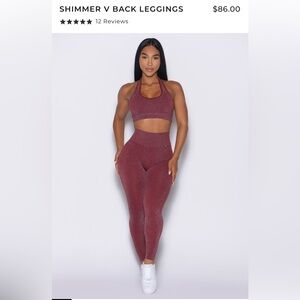 Bombshell Sportswear Shimmer V Back Leggings in Burgundy and sports bra